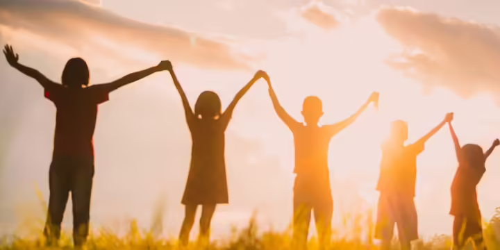 Silhouette of the children holding hands in a field against the sunset.