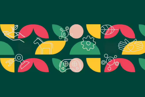 Graphics of hands, animals, and technology.