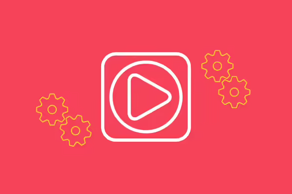 A graphic of a play button and cogs on a spoke.