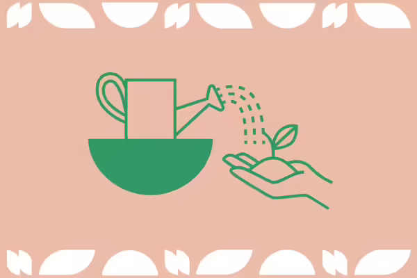 A graphic of a watering can pouring water onto a plant in a hand.