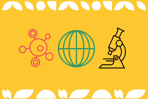 A graphic of a globe, science atom, and microscope.