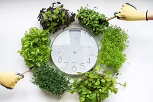 A clock with plants around it and two hands pointing at the clock.
