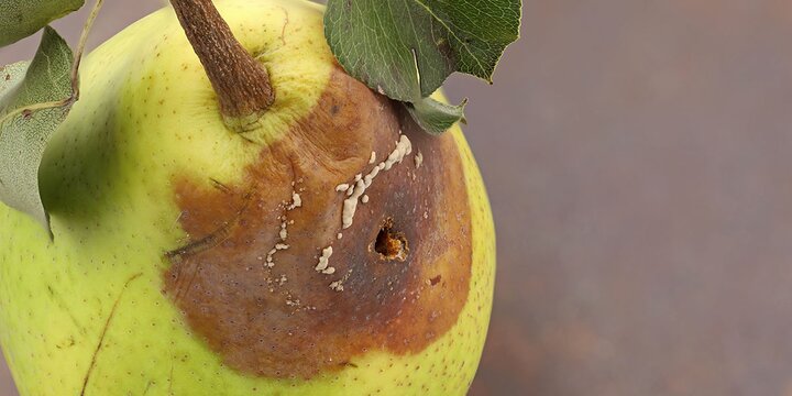 top view of rotten pear with leaves on the table, moldy fruit with brown spot and insect hole.