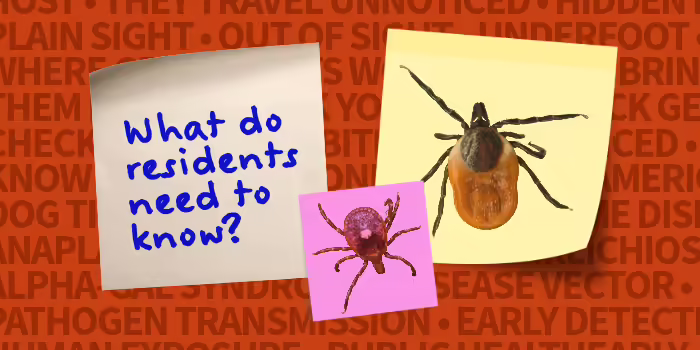 Three sticky notes. Two of them have pictures of Ticks on them. The third note reads "What do residents need to know?"