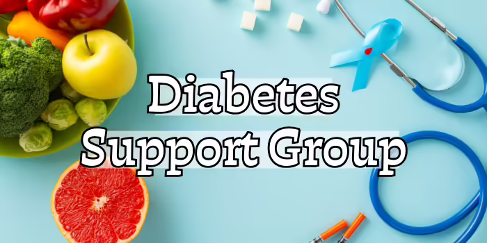 A graphic featuring fresh fruits and vegetables, sugar cubes, a blue diabetes awareness ribbon, a stethoscope, and insulin syringes on a light blue background.