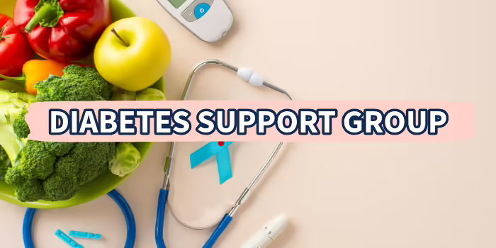A flat lay image featuring fresh vegetables and fruits including broccoli, bell peppers, and an apple, along with a stethoscope, glucose meter, and diabetes testing supplies on a beige background. A blue diabetes awareness ribbon is in the center, and overlaid text reads “DIABETES SUPPORT GROUP” in bold letters on a pink banner.