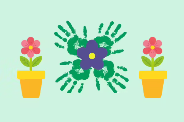 Graphic of potted plants with an image of handprints and a flower in the center.
