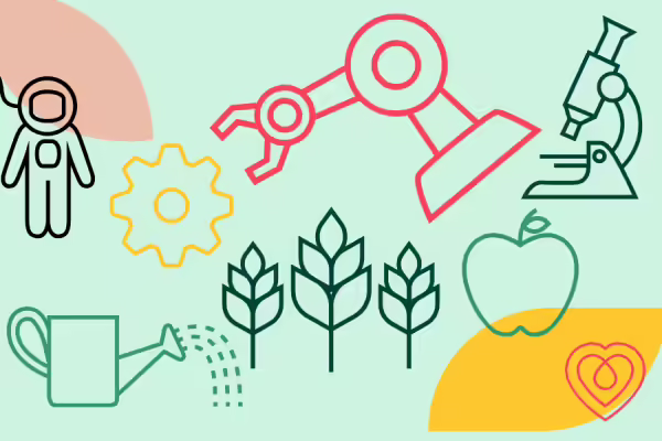 A collage of graphics including a robotic arm, watering can, apple, heart, and crops.