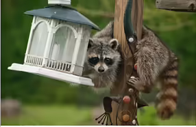 Raccon on a pole trying to get at a bird feeder