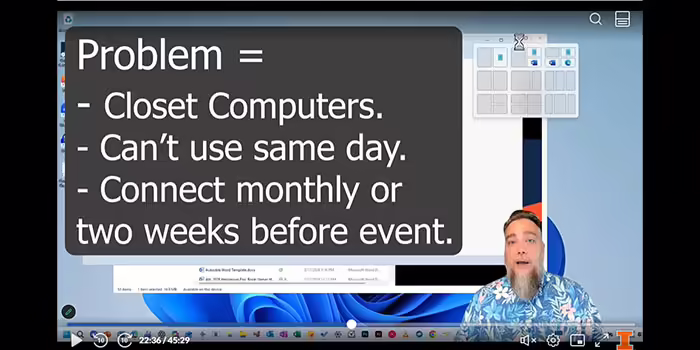 Screenshot of Windows 11 Training with text on screen: "Problem = Closet Computers. Can't use same day. Connect monthly or two weeks before event