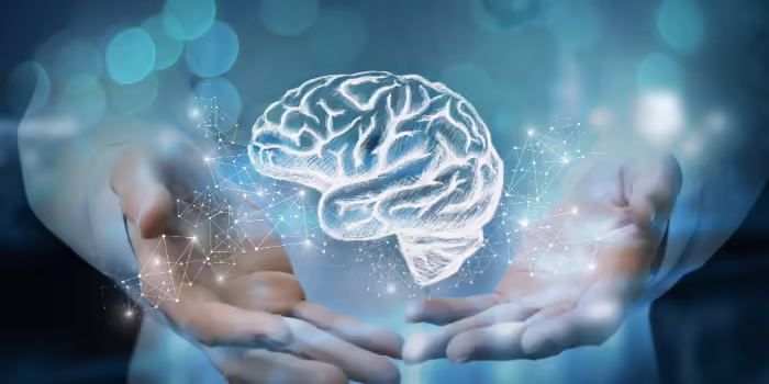 A pair of hands holding a digital version of a brain.