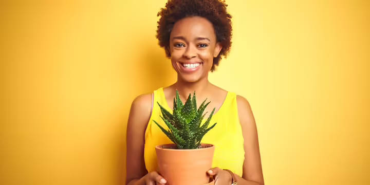 Young  woman  holding aloe plant