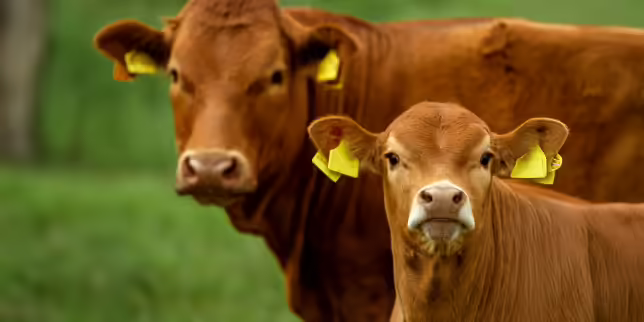 Brown adult cow and calf