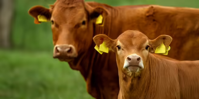 Brown adult cow and calf
