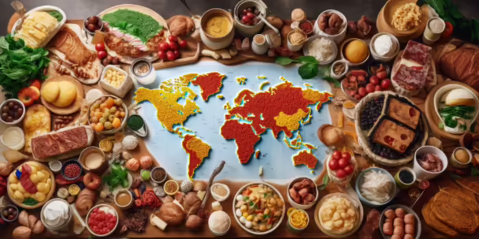Overhead view of a world map at the center of a table, surrounded by a wide variety of international foods.