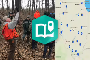 man in orange vest with group in forest next to screen grab of map directory