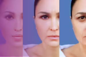 a white woman's face shown in 3 panes aging