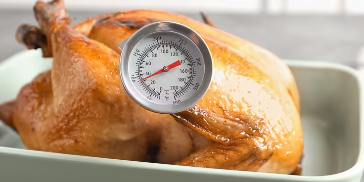 Roasted turkey with meat thermometer inserted
