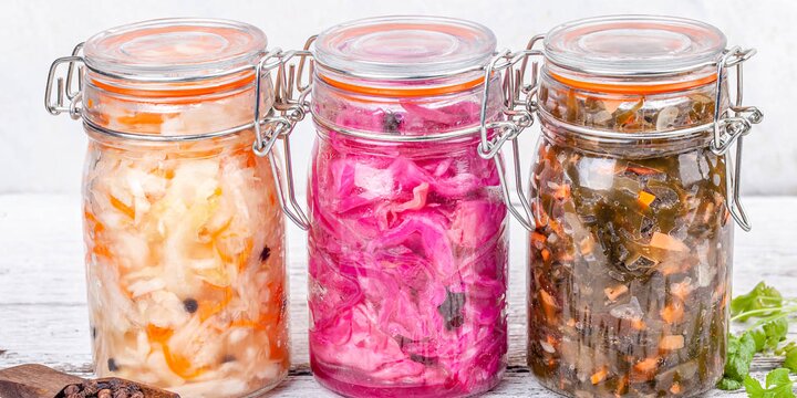 various cabbage fermenting in jars with air-lock lids