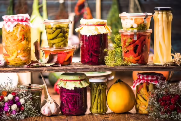 colorful home canning jars filled with vegetables