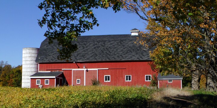red barn black roof with silo