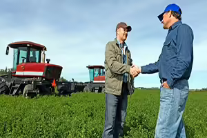 Two farmers shaking hands in a green field
