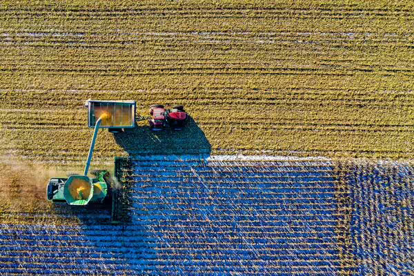 tractor on farm mowing wheat fields into another vehicle