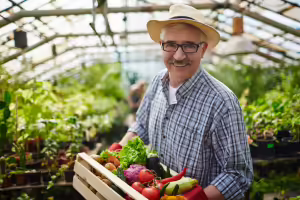 man in hoop house holding vegetables