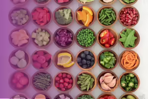 vegetables and fruits in small wood bowls