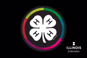 Colorful Circle around 4-H Clover, U of I Logo, on Black Background