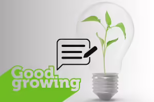 light bulb with a plant inside of it. text good growing