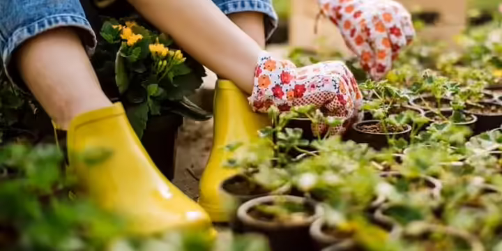 hands in gardening gloves working with plants