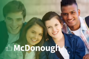 teenage boys and girls smiling at the camera. text mcdonough