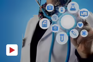 doctor in lab coat with health icons circling