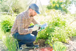 man in field with computer