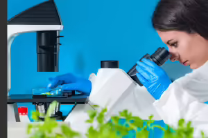 woman looking at a plant leaf in a petri dish under a microscope