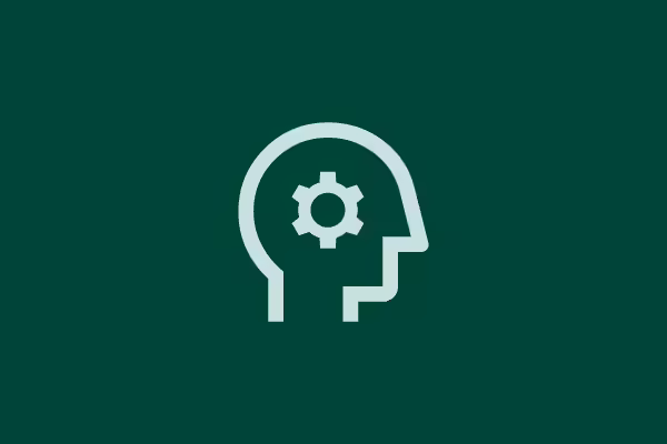 mint blue line art of side profile head with gear turning inside on forest green background