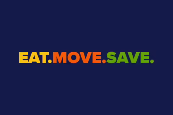 navy background with words Eat. Move. Save.