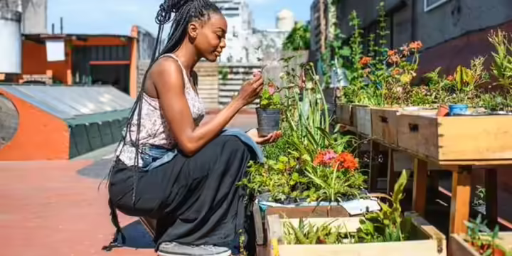 young woman in rooftop garden