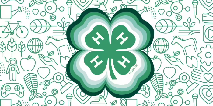 the 4-H clover with icons in the background like a bike, leaf, apple, horse, heart, and more