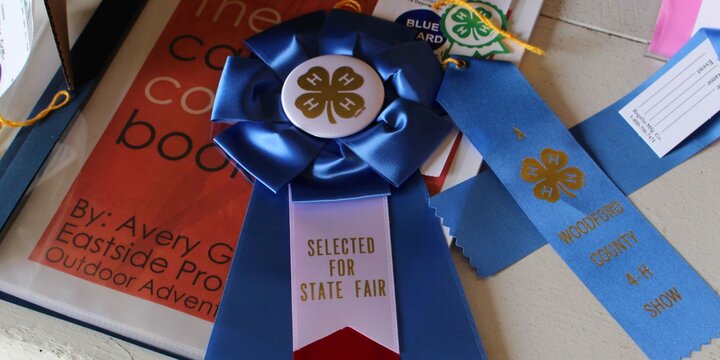4-H project portfolio with blue and state fair ribbons