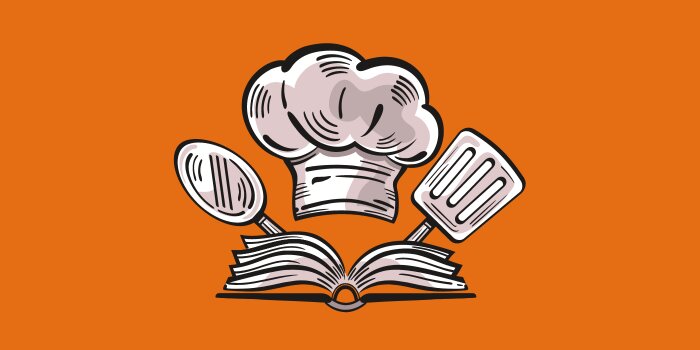 A chefs hat, spatula, and book on an orange background. 