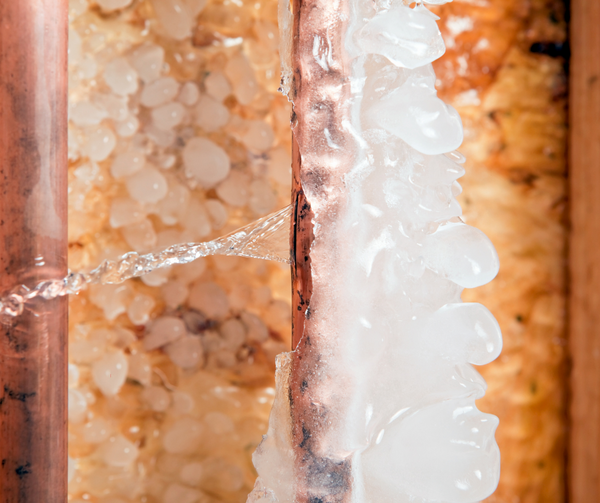 Frozen copper pipe with water and ice