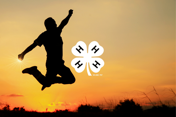 young person jumping in air at dusk and 4-H logo