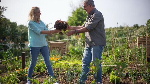 A Man and woman standing in a community garden.