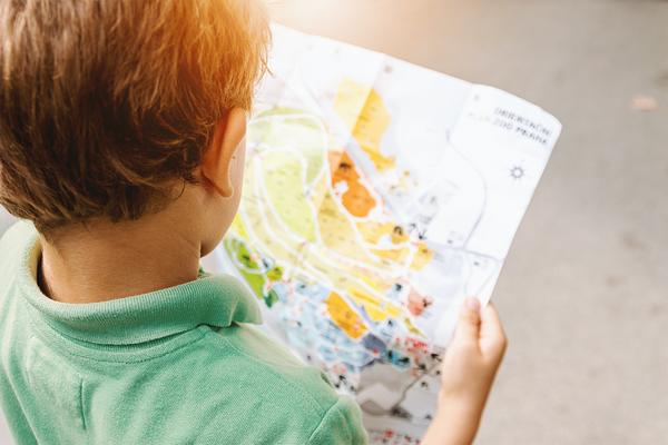 child in green shirt looking at a map