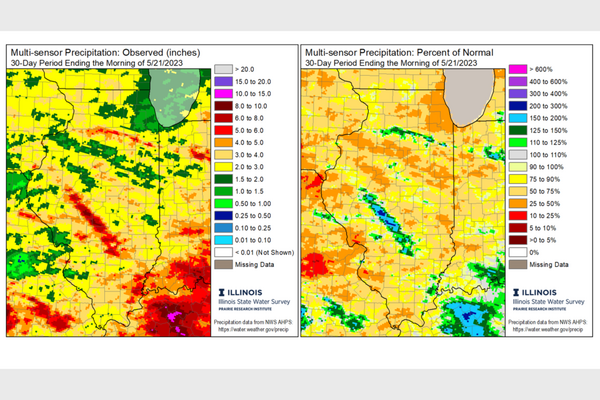 weather map of Illinois showing normal vs observed precipitation levels