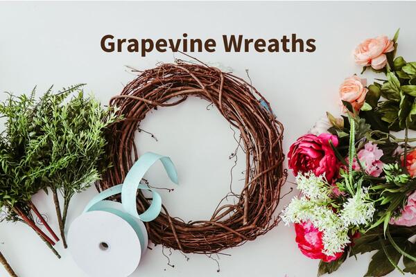 grapevine wreath, ribbon and flowers