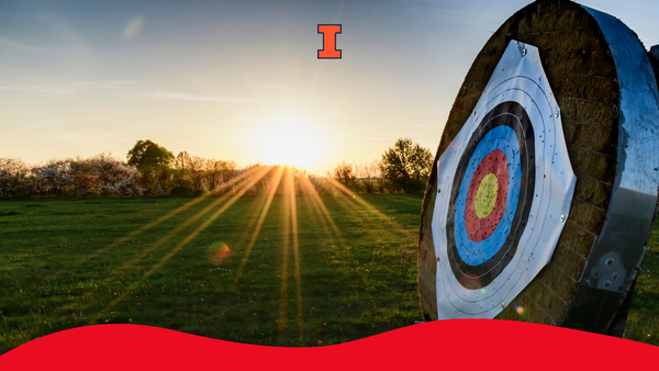 An archery target in the middle of a sunset.