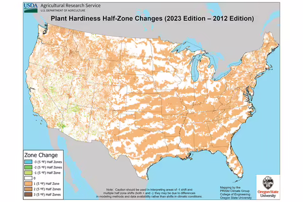 A map of the US with mostly shades of brown and white showing the shifts in grow zones since 2012